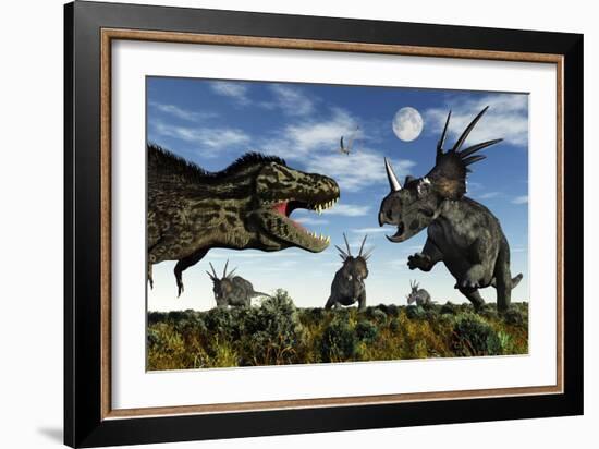 Styracosaurus Dinosaurs Confront a Tyrannosaurus Rex-null-Framed Art Print