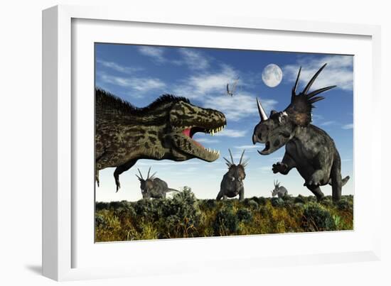 Styracosaurus Dinosaurs Confront a Tyrannosaurus Rex-null-Framed Art Print