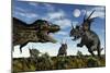 Styracosaurus Dinosaurs Confront a Tyrannosaurus Rex-null-Mounted Art Print