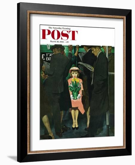 "Subway Girl and Easter Lily" Saturday Evening Post Cover, March 28, 1953-George Hughes-Framed Giclee Print