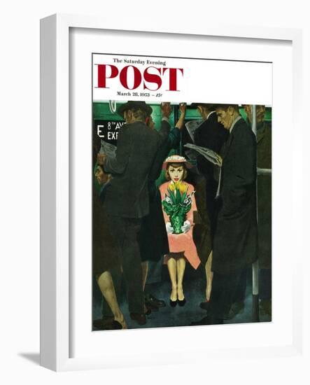 "Subway Girl and Easter Lily" Saturday Evening Post Cover, March 28, 1953-George Hughes-Framed Giclee Print