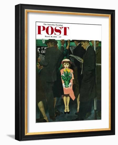 "Subway Girl and Easter Lily" Saturday Evening Post Cover, March 28, 1953-George Hughes-Framed Giclee Print