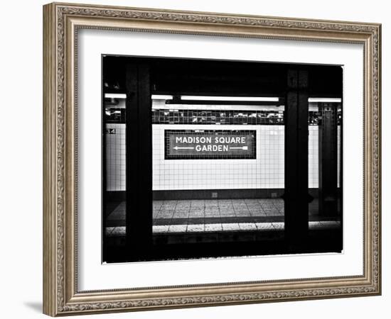 Subway Sign, Black and White Photography, Madison Square Garden, Manhattan, New York, United States-Philippe Hugonnard-Framed Art Print