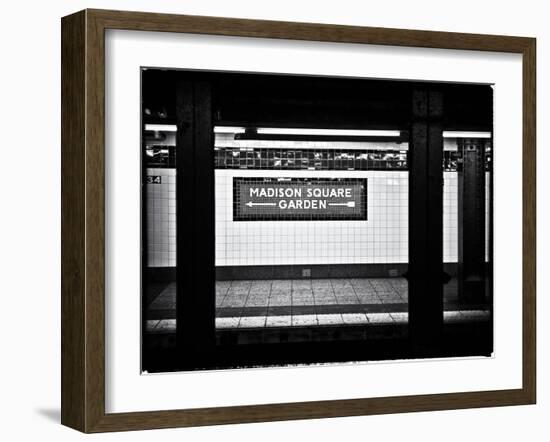 Subway Sign, Black and White Photography, Madison Square Garden, Manhattan, New York, United States-Philippe Hugonnard-Framed Art Print