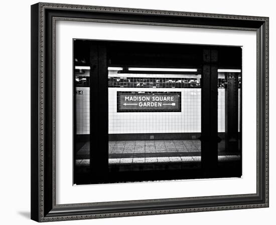 Subway Sign, Black and White Photography, Madison Square Garden, Manhattan, New York, United States-Philippe Hugonnard-Framed Art Print