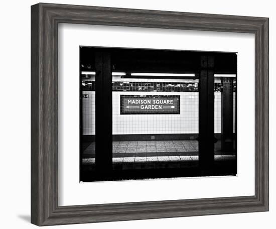 Subway Sign, Black and White Photography, Madison Square Garden, Manhattan, New York, United States-Philippe Hugonnard-Framed Art Print