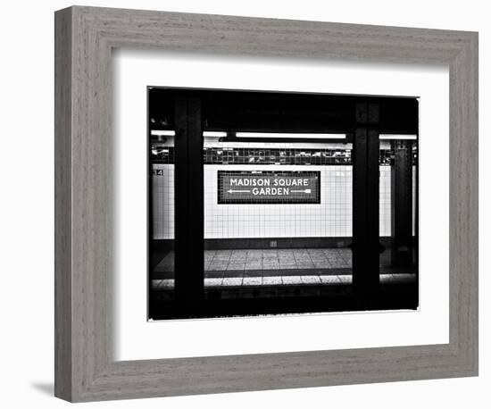 Subway Sign, Black and White Photography, Madison Square Garden, Manhattan, New York, United States-Philippe Hugonnard-Framed Art Print