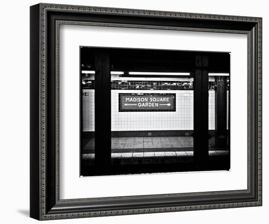 Subway Sign, Black and White Photography, Madison Square Garden, Manhattan, New York, United States-Philippe Hugonnard-Framed Art Print