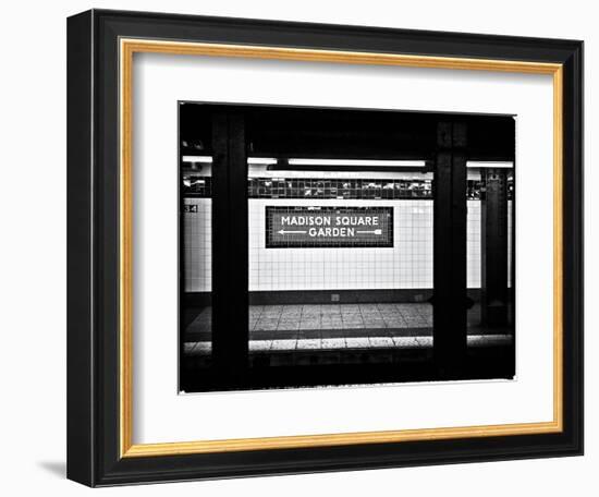 Subway Sign, Black and White Photography, Madison Square Garden, Manhattan, New York, United States-Philippe Hugonnard-Framed Art Print