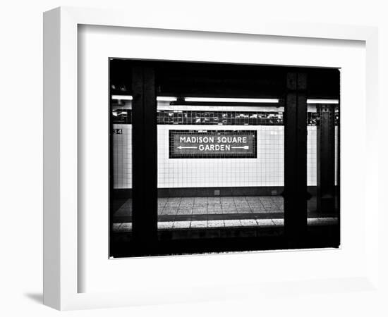 Subway Sign, Black and White Photography, Madison Square Garden, Manhattan, New York, United States-Philippe Hugonnard-Framed Premium Giclee Print