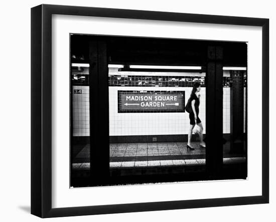 Subway Sign, Black and White Photography, Madison Square Garden, Manhattan, New York, United States-Philippe Hugonnard-Framed Art Print