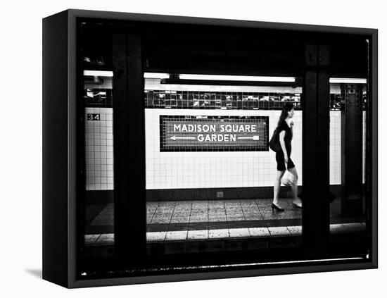 Subway Sign, Black and White Photography, Madison Square Garden, Manhattan, New York, United States-Philippe Hugonnard-Framed Stretched Canvas