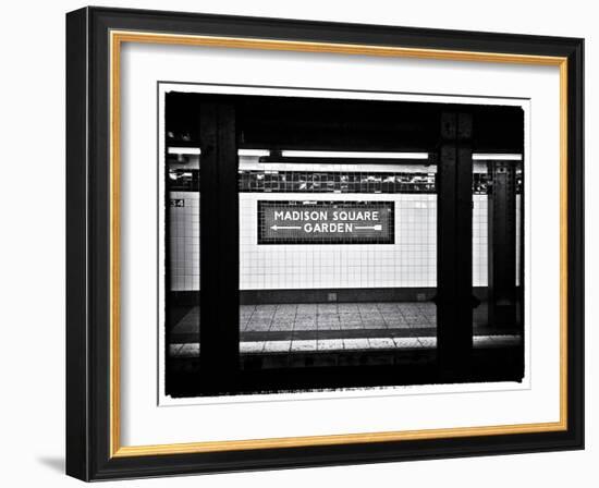 Subway Sign, Black and White Photography, Madison Square Garden, Manhattan, New York, United States-Philippe Hugonnard-Framed Art Print