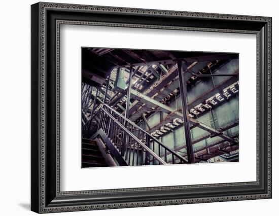 Subway station stair railing and steel construction with corrosion, Brooklyn, New York, USA-Andrea Lang-Framed Photographic Print