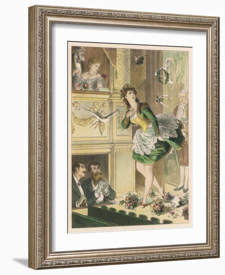 Success! Bouquets of Flowers are Thrown on Stage and a Dove is Let Loose for a Popular Actress-D. Eusebio Planas-Framed Art Print
