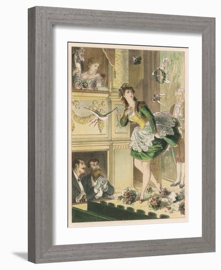 Success! Bouquets of Flowers are Thrown on Stage and a Dove is Let Loose for a Popular Actress-D. Eusebio Planas-Framed Art Print