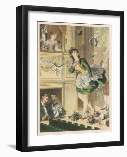 Success! Bouquets of Flowers are Thrown on Stage and a Dove is Let Loose for a Popular Actress-D. Eusebio Planas-Framed Art Print