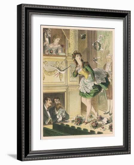 Success! Bouquets of Flowers are Thrown on Stage and a Dove is Let Loose for a Popular Actress-D. Eusebio Planas-Framed Art Print