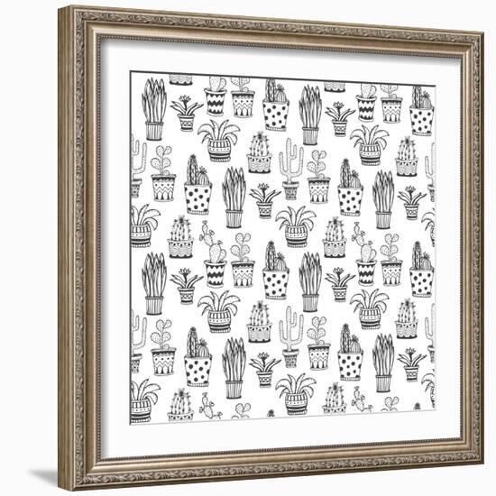 Succulent and Cactus Pattern. Doodle Flowers in Pots Background.-worldion-Framed Art Print