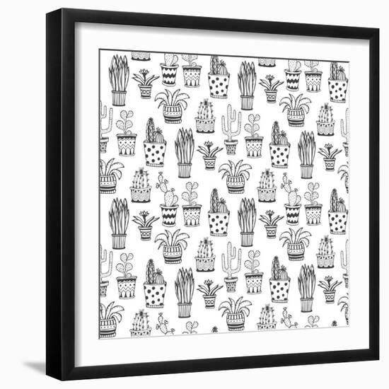 Succulent and Cactus Pattern. Doodle Flowers in Pots Background.-worldion-Framed Art Print