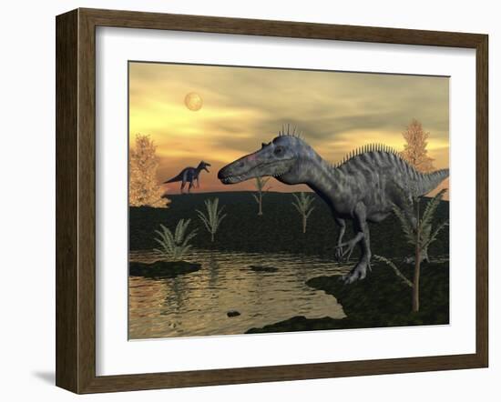 Suchomimus Dinosaurs Walking Next to Pond at Sunset-Stocktrek Images-Framed Art Print