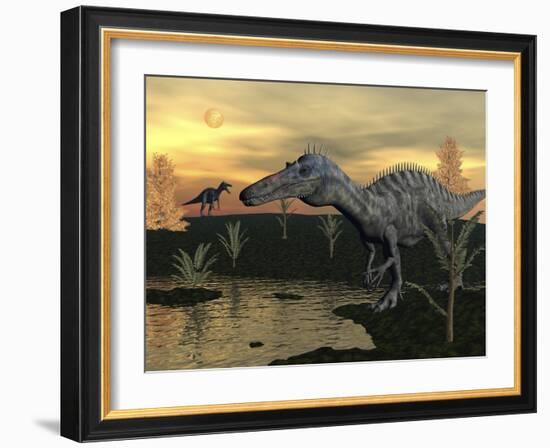 Suchomimus Dinosaurs Walking Next to Pond at Sunset-Stocktrek Images-Framed Art Print