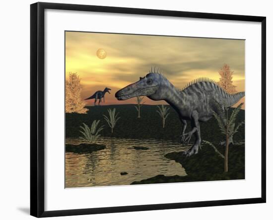 Suchomimus Dinosaurs Walking Next to Pond at Sunset-Stocktrek Images-Framed Art Print