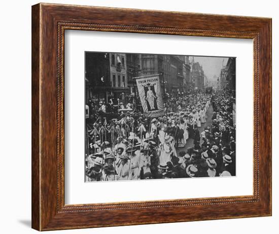 Suffragette Demonstration with Women Carrying Wands Tipped with Silver Broad-Arrows and Banner-null-Framed Photographic Print