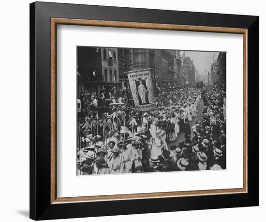 Suffragette Demonstration with Women Carrying Wands Tipped with Silver Broad-Arrows and Banner-null-Framed Photographic Print