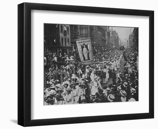 Suffragette Demonstration with Women Carrying Wands Tipped with Silver Broad-Arrows and Banner-null-Framed Photographic Print