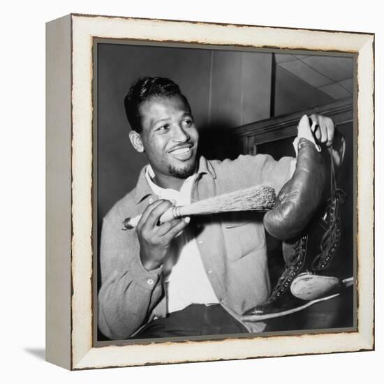 Sugar Ray Robinson Dusting Off His Boxing Gloves for His 1954 Comeback Fight-null-Framed Stretched Canvas