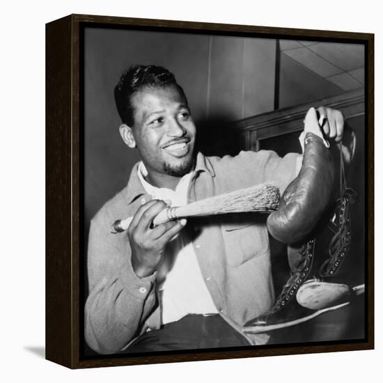 Sugar Ray Robinson Dusting Off His Boxing Gloves for His 1954 Comeback Fight-null-Framed Stretched Canvas