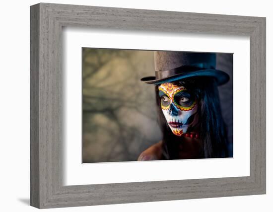 Sugar Skull Girl in Tophat, in the Forest-Elisanth-Framed Photographic Print