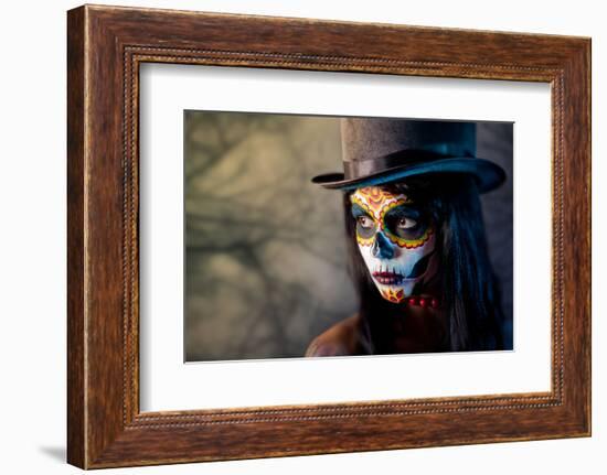 Sugar Skull Girl in Tophat, in the Forest-Elisanth-Framed Photographic Print