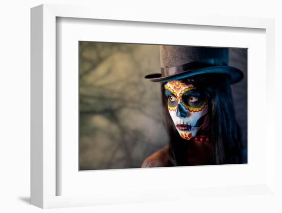 Sugar Skull Girl in Tophat, in the Forest-Elisanth-Framed Photographic Print