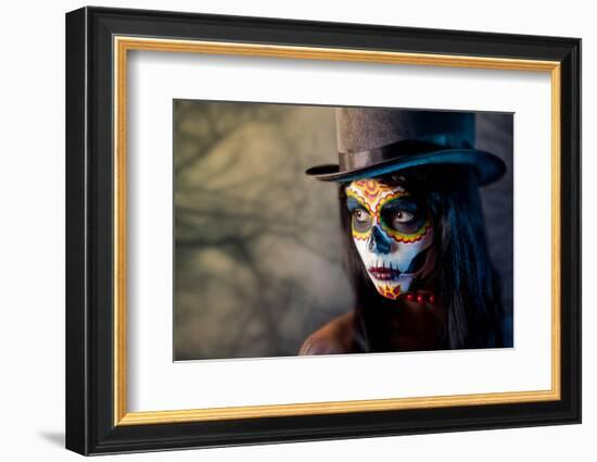 Sugar Skull Girl in Tophat, in the Forest-Elisanth-Framed Photographic Print