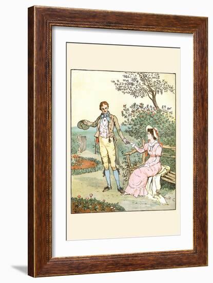 Suitor Leads a Young Girl from a Bench in a Smiling a Loving Face-Randolph Caldecott-Framed Art Print