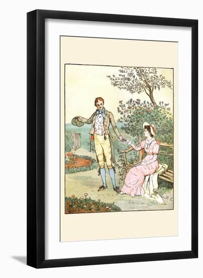 Suitor Leads a Young Girl from a Bench in a Smiling a Loving Face-Randolph Caldecott-Framed Art Print