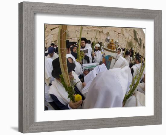 Sukot Festival, Jews in Prayer Shawls Holding Lulav and Etrog, Praying by the Western Wall, Israel-Eitan Simanor-Framed Photographic Print