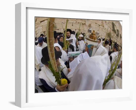 Sukot Festival, Jews in Prayer Shawls Holding Lulav and Etrog, Praying by the Western Wall, Israel-Eitan Simanor-Framed Photographic Print