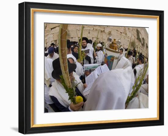 Sukot Festival, Jews in Prayer Shawls Holding Lulav and Etrog, Praying by the Western Wall, Israel-Eitan Simanor-Framed Photographic Print