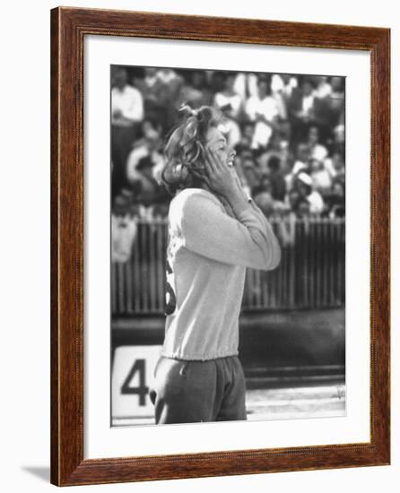 Sultry Beauty Gunhild Larking, Sweden's Entry for the High Jump, Won 6th Place at Olympic Games-George Silk-Framed Premium Photographic Print