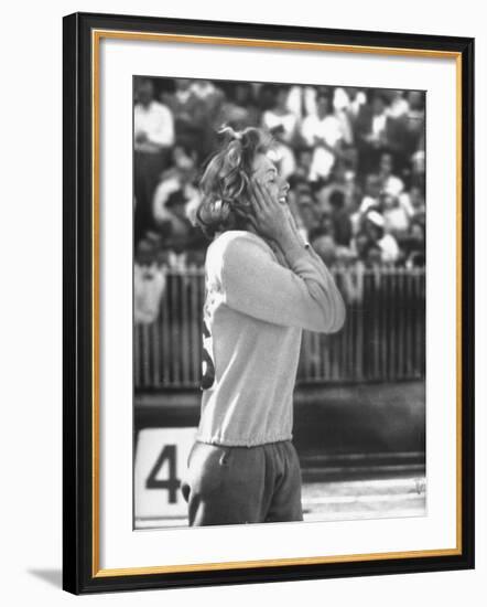 Sultry Beauty Gunhild Larking, Sweden's Entry for the High Jump, Won 6th Place at Olympic Games-George Silk-Framed Premium Photographic Print