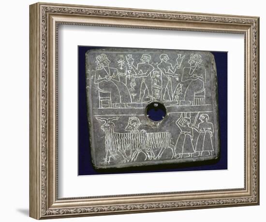 Sumerian stone plaque showing ritual offerings to a King. Artist: Unknown-Unknown-Framed Giclee Print