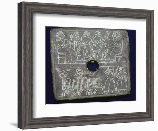 Sumerian stone plaque showing ritual offerings to a King. Artist: Unknown-Unknown-Framed Giclee Print