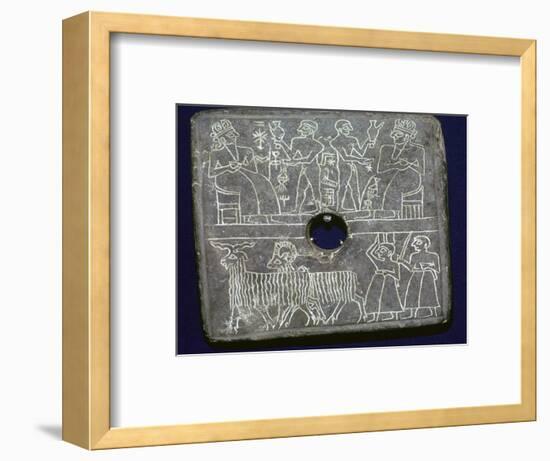 Sumerian stone plaque showing ritual offerings to a King. Artist: Unknown-Unknown-Framed Giclee Print