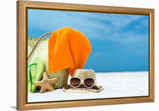 Summer Beach Bag with Coral,Towel and Flip Flops on Sandy Beach-oleggawriloff-Framed Premier Image Canvas