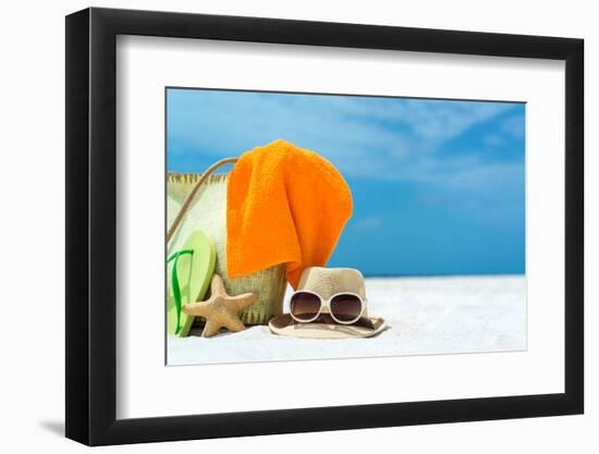 Summer Beach Bag with Coral,Towel and Flip Flops on Sandy Beach-oleggawriloff-Framed Photographic Print