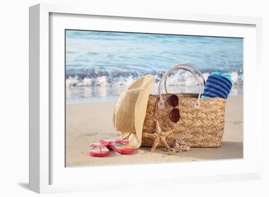 Summer Beach Bag with Straw Hat,Towel,Sunglasses and Flip Flops on Sandy Beach-Liang Zhang-Framed Photographic Print