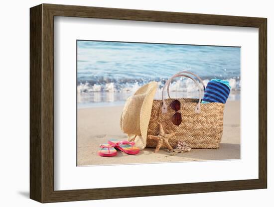 Summer Beach Bag with Straw Hat,Towel,Sunglasses and Flip Flops on Sandy Beach-Liang Zhang-Framed Photographic Print